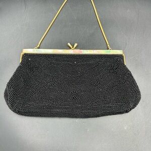 Elegant Black Beaded purse mother-of-pearl inlay on metal frame Japan